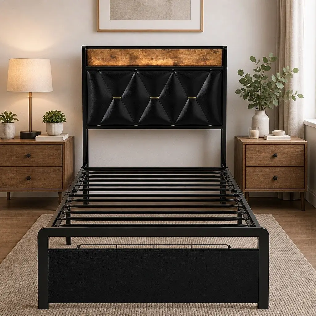 Single Bed Frame with LED Headboard and Storage Drawers Metal Slatted Base 208cm x 91cm x 105.5cm