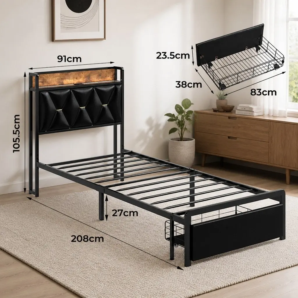 Single Bed Frame with LED Headboard and Storage Drawers Metal Slatted Base 208cm x 91cm x 105.5cm