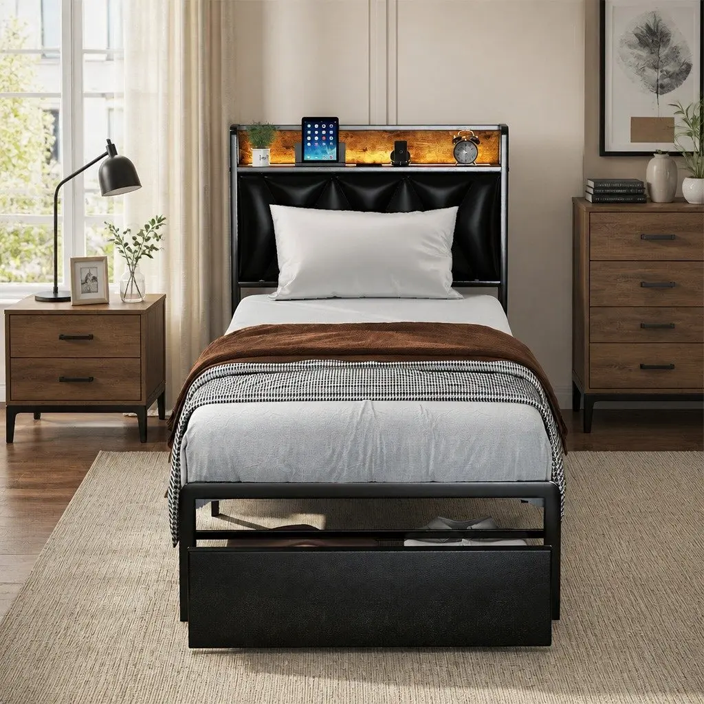 Single Bed Frame with LED Headboard and Storage Drawers Metal Slatted Base 208cm x 91cm x 105.5cm