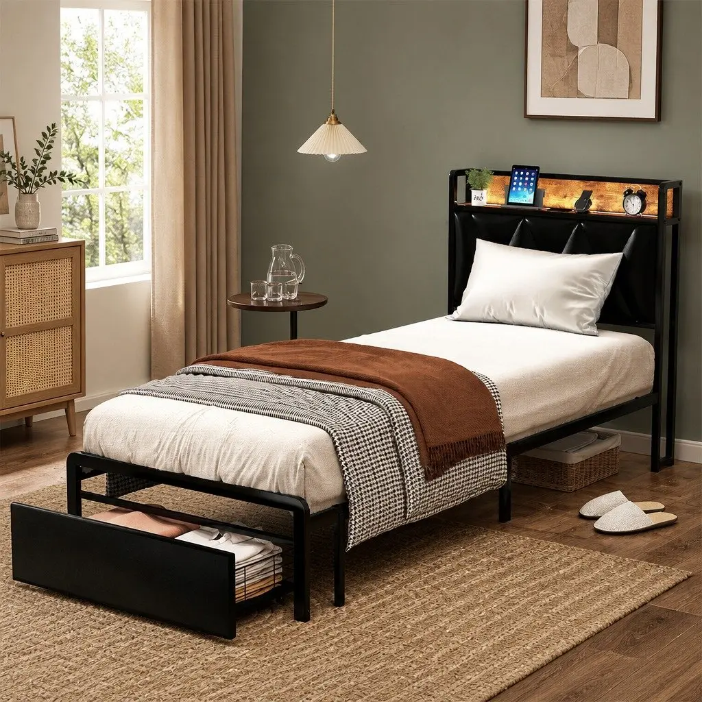 Single Bed Frame with LED Headboard and Storage Drawers Metal Slatted Base 208cm x 91cm x 105.5cm