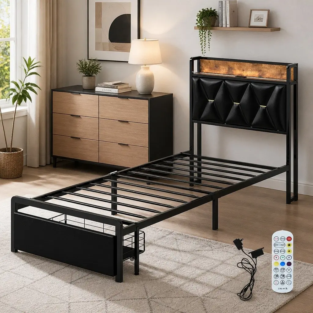 Single Bed Frame with LED Headboard and Storage Drawers Metal Slatted Base 208cm x 91cm x 105.5cm