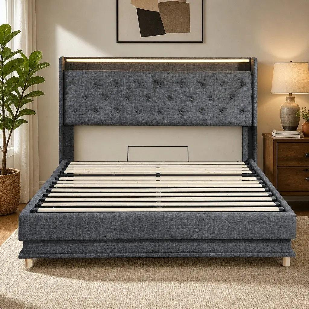 Double Bed Frame USB Charging LED Light Headboard with Gas Lift Storage Grey 204cm x 155cm x 112.5cm