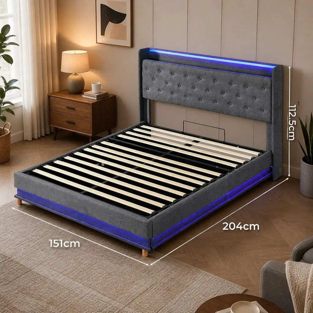 Double Bed Frame USB Charging LED Light Headboard with Gas Lift Storage Grey 204cm x 155cm x 112.5cm