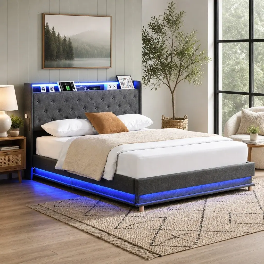 Double Bed Frame USB Charging LED Light Headboard with Gas Lift Storage Grey 204cm x 155cm x 112.5cm