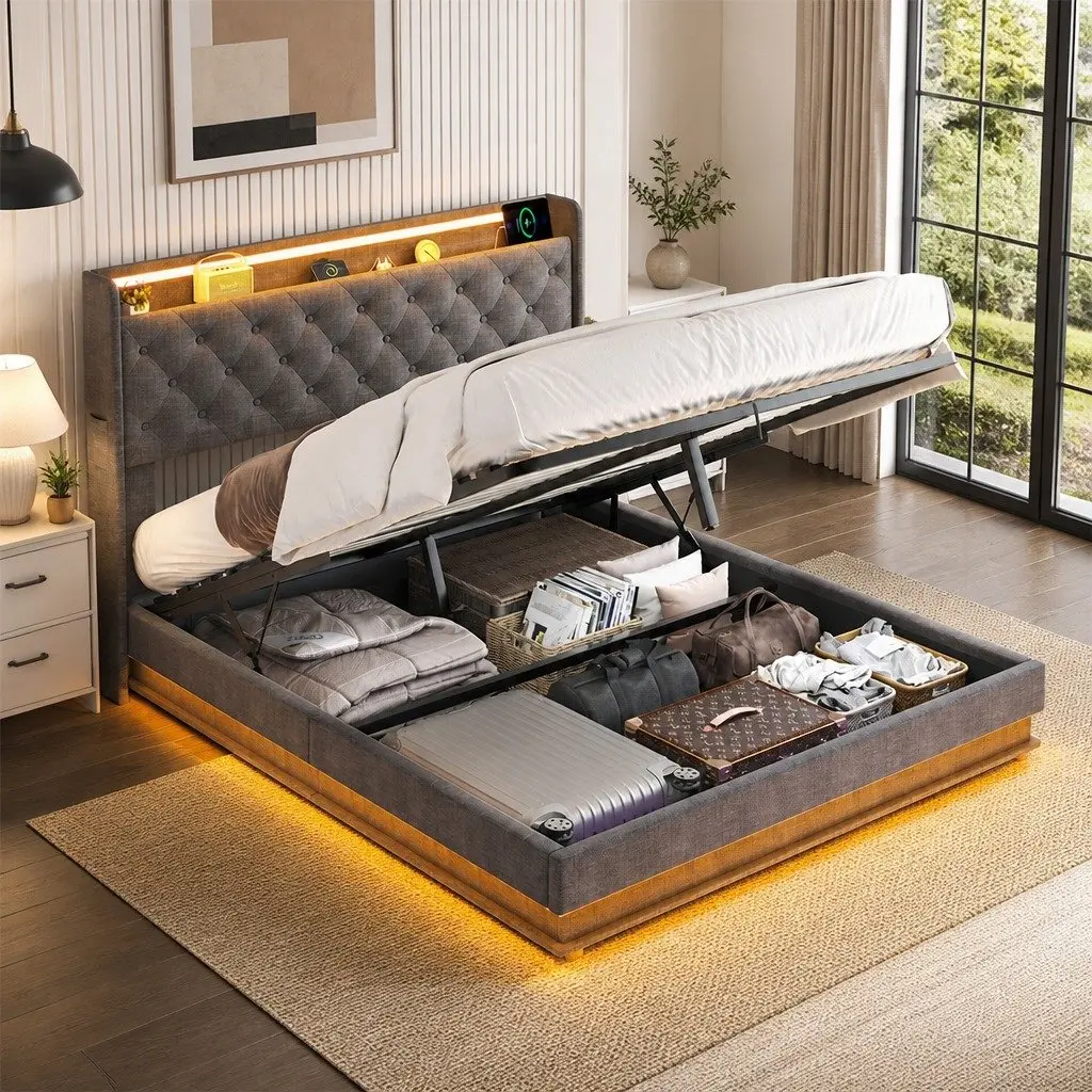 Double Bed Frame USB Charging LED Light Headboard with Gas Lift Storage Grey 204cm x 155cm x 112.5cm