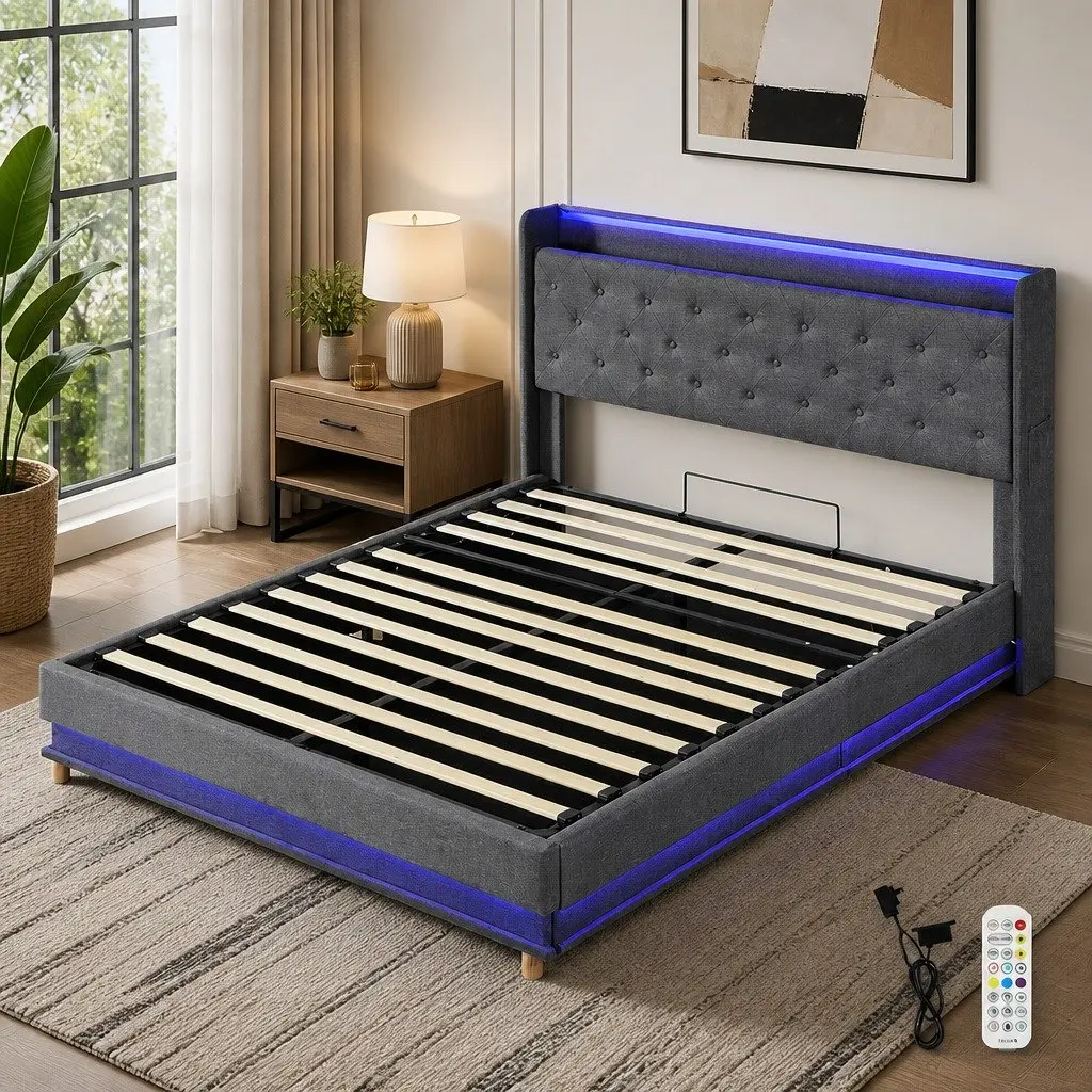 Double Bed Frame USB Charging LED Light Headboard with Gas Lift Storage Grey 204cm x 155cm x 112.5cm