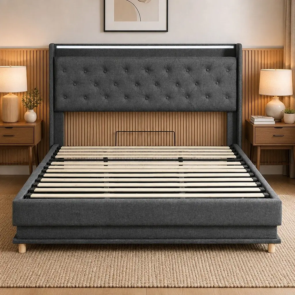 King Bed Frame with Storage and USB Charging