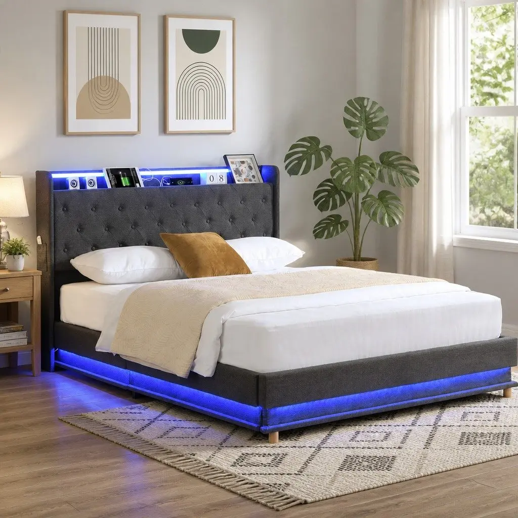King Bed Frame with Storage and USB Charging