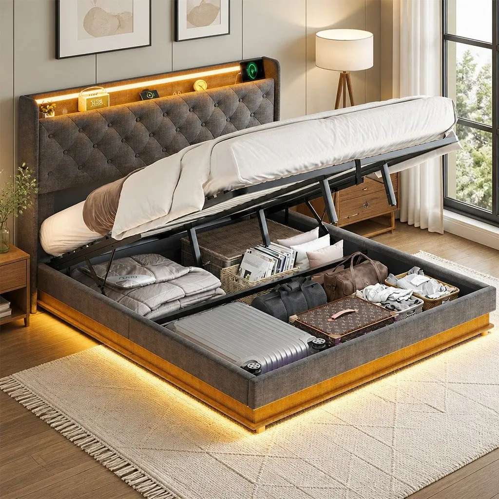 King Bed Frame with Storage and USB Charging