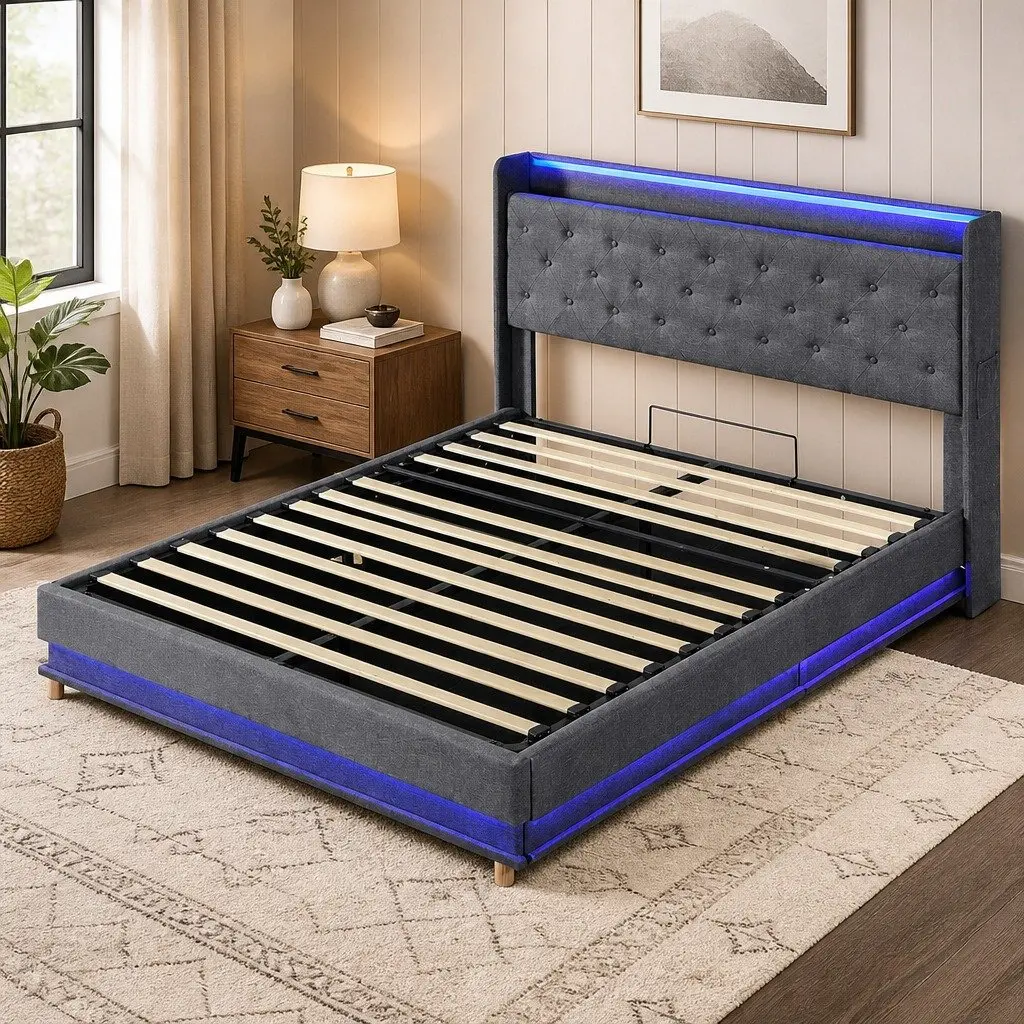 Queen Bed Frame Gas Lift Storage LED Headboard USB Charging Linen Upholstered 218cm x 160cm x 113cm