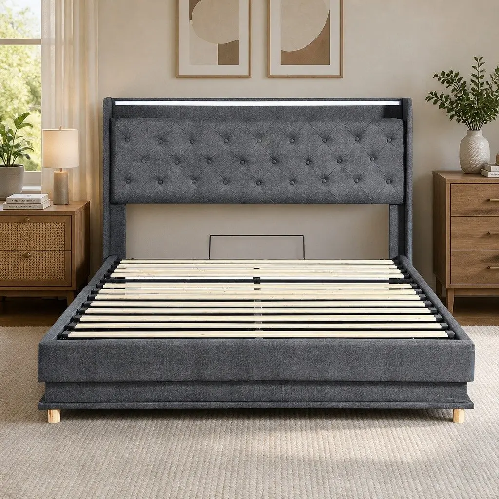 Queen Bed Frame Gas Lift Storage LED Headboard USB Charging Linen Upholstered 218cm x 160cm x 113cm
