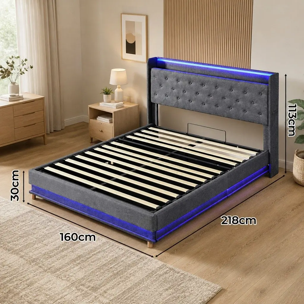 Queen Bed Frame Gas Lift Storage LED Headboard USB Charging Linen Upholstered 218cm x 160cm x 113cm