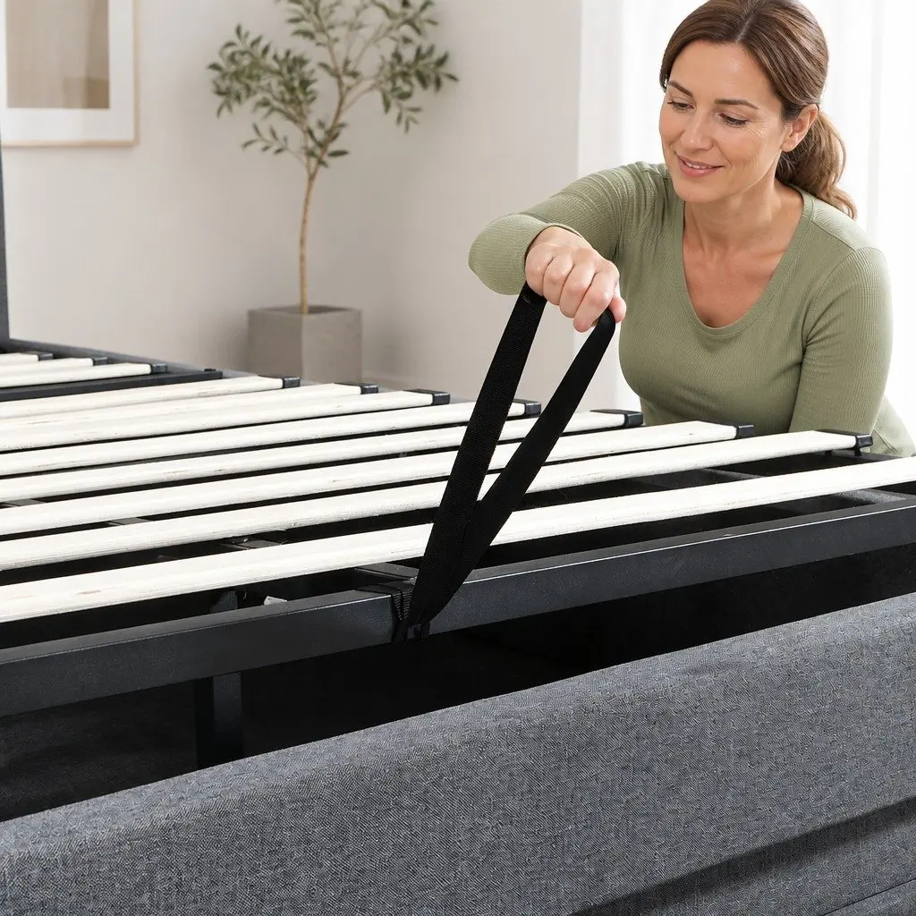 Queen Bed Frame Gas Lift Storage LED Headboard USB Charging Linen Upholstered 218cm x 160cm x 113cm