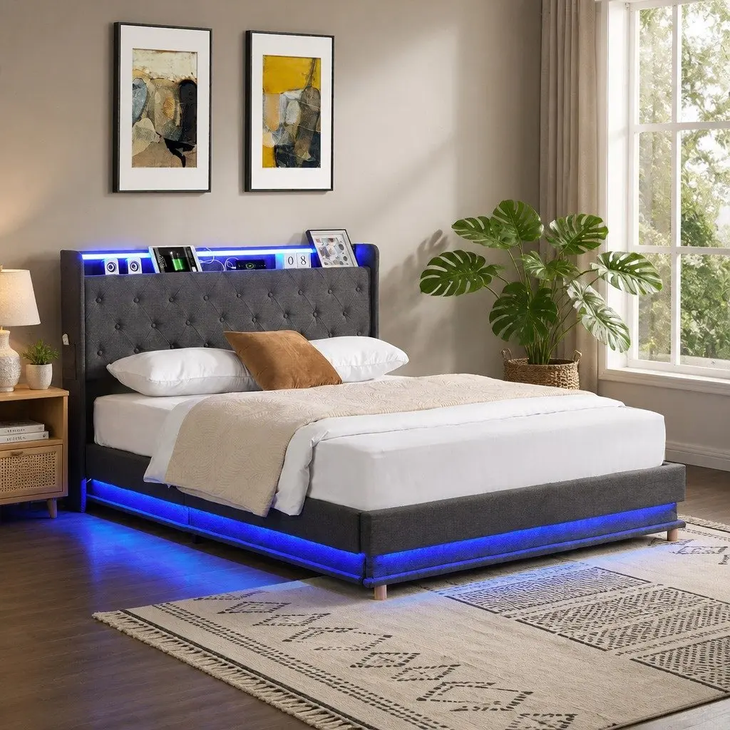 Queen Bed Frame Gas Lift Storage LED Headboard USB Charging Linen Upholstered 218cm x 160cm x 113cm