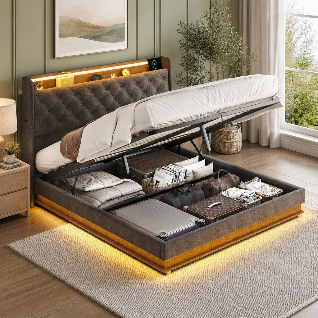 Queen Bed Frame Gas Lift Storage LED Headboard USB Charging Linen Upholstered 218cm x 160cm x 113cm