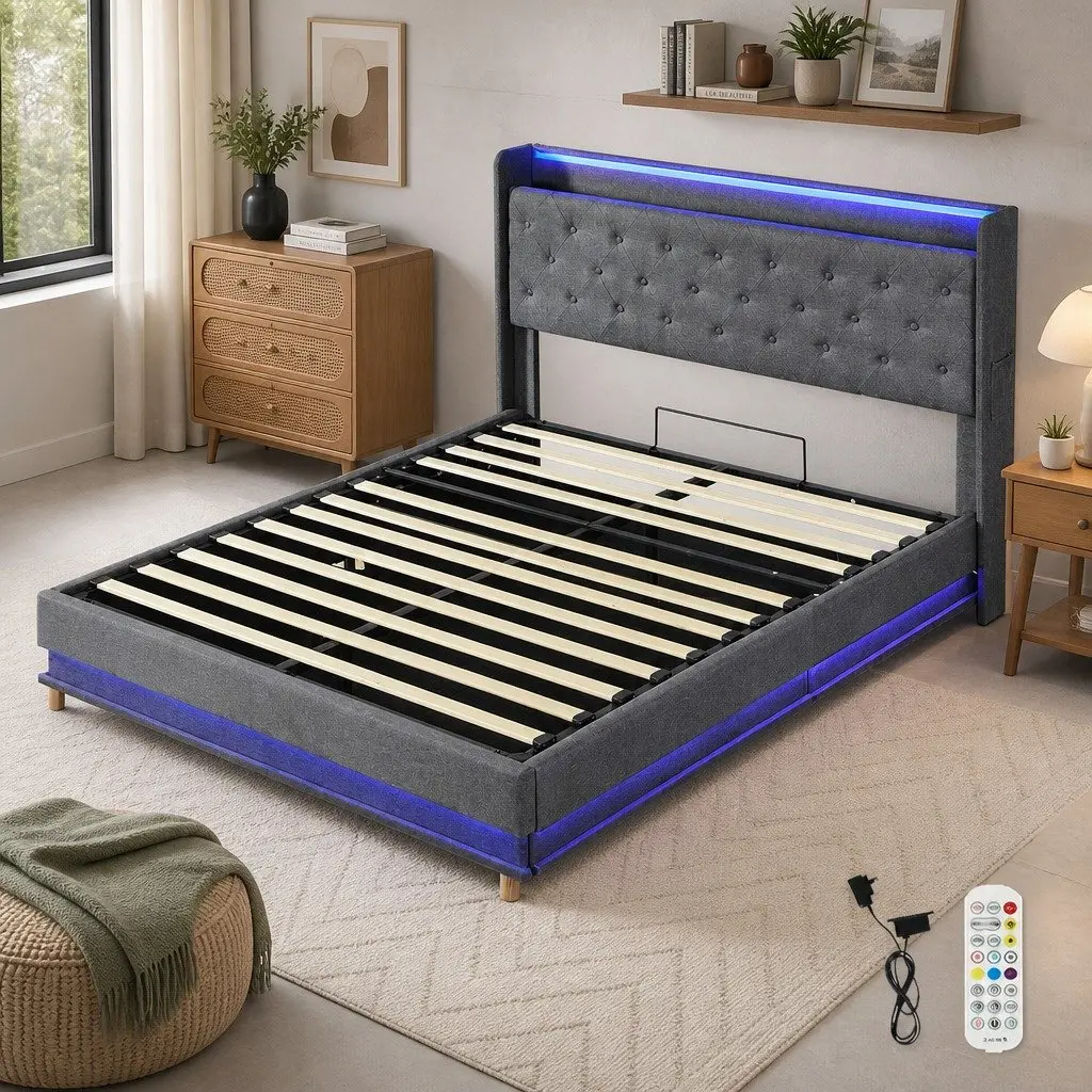 Queen Bed Frame Gas Lift Storage LED Headboard USB Charging Linen Upholstered 218cm x 160cm x 113cm