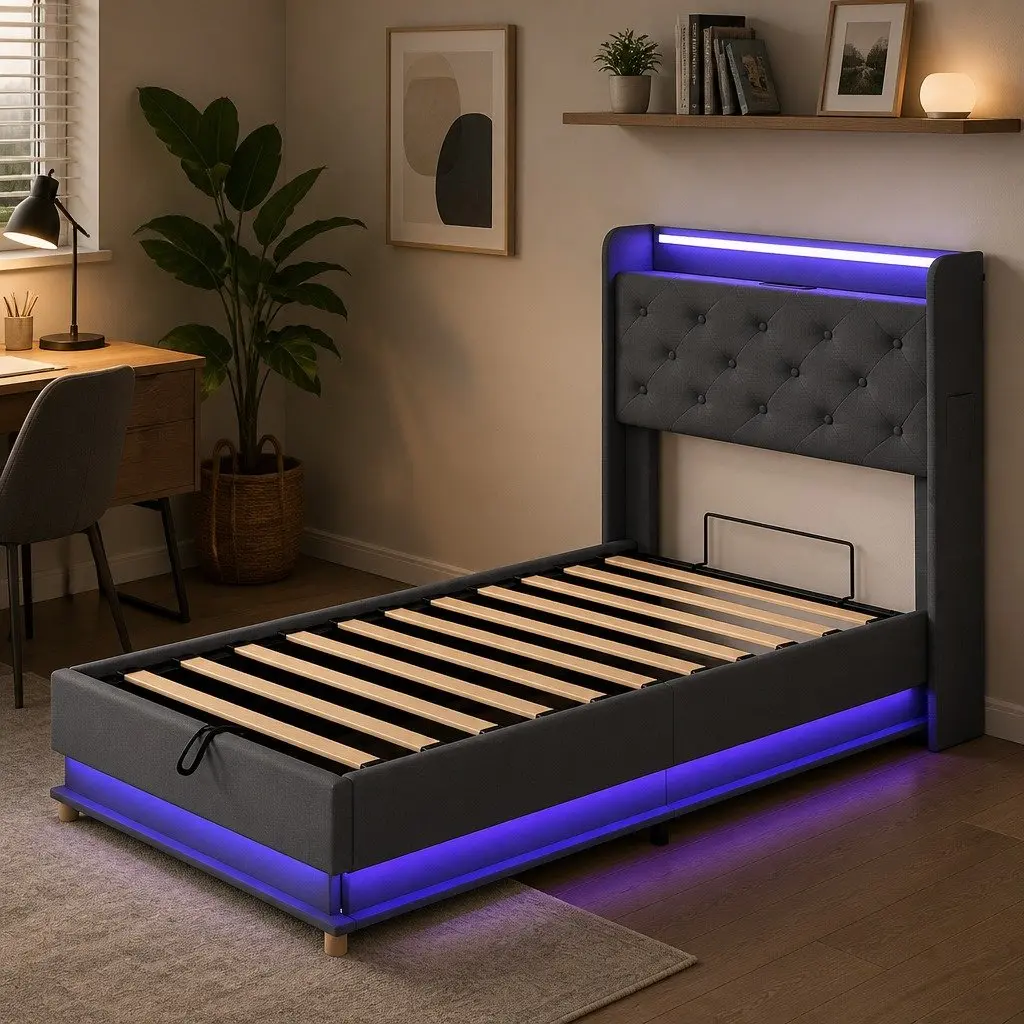 Single Bed Frame Gas Lift Storage Headboard RGB LED USB Charging Linen Grey