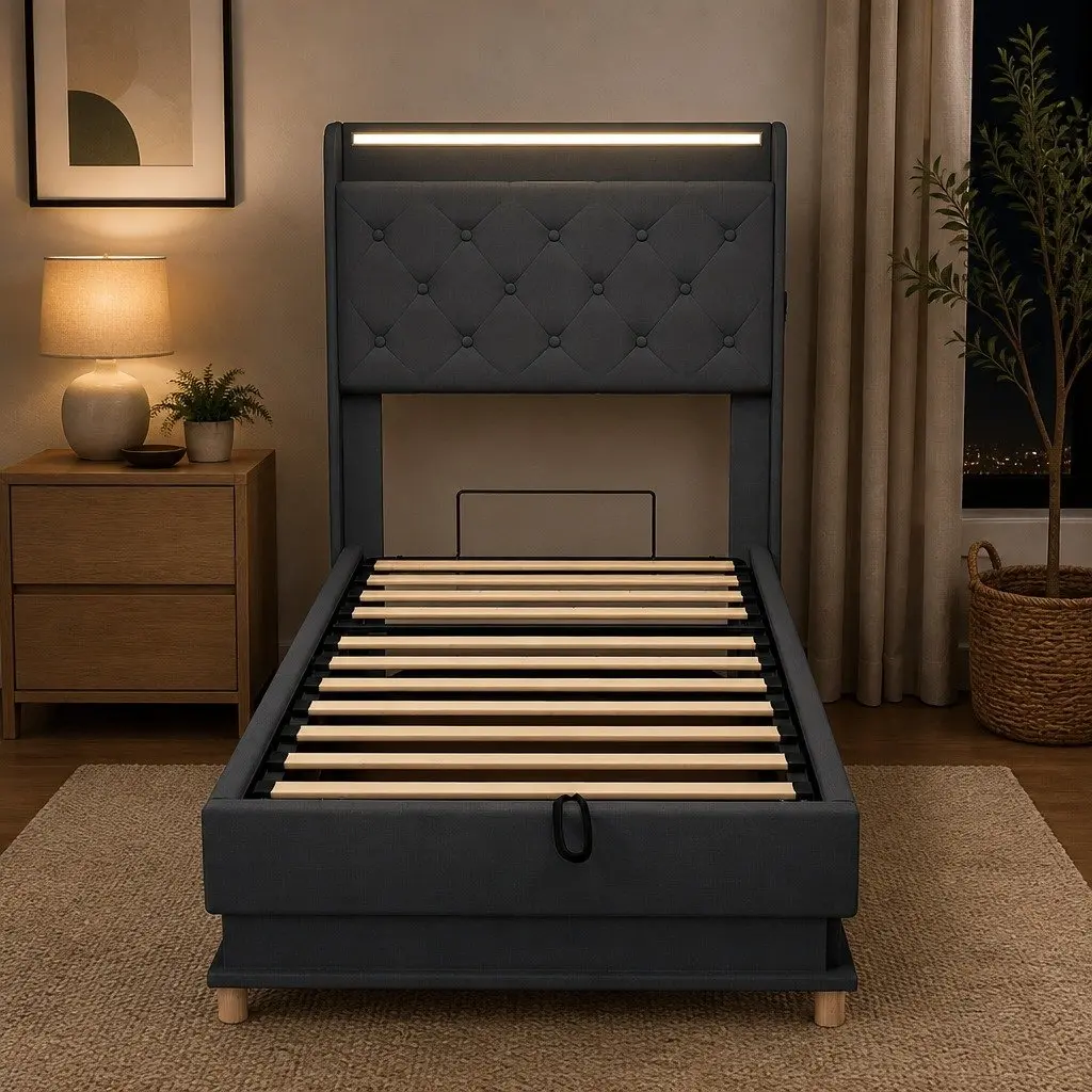 Single Bed Frame Gas Lift Storage Headboard RGB LED USB Charging Linen Grey