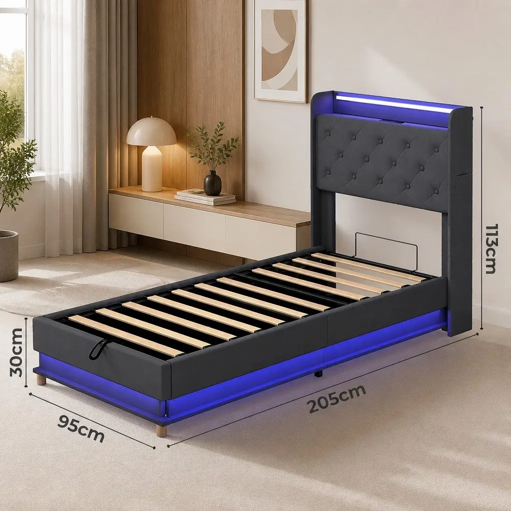 Single Bed Frame Gas Lift Storage Headboard RGB LED USB Charging Linen Grey