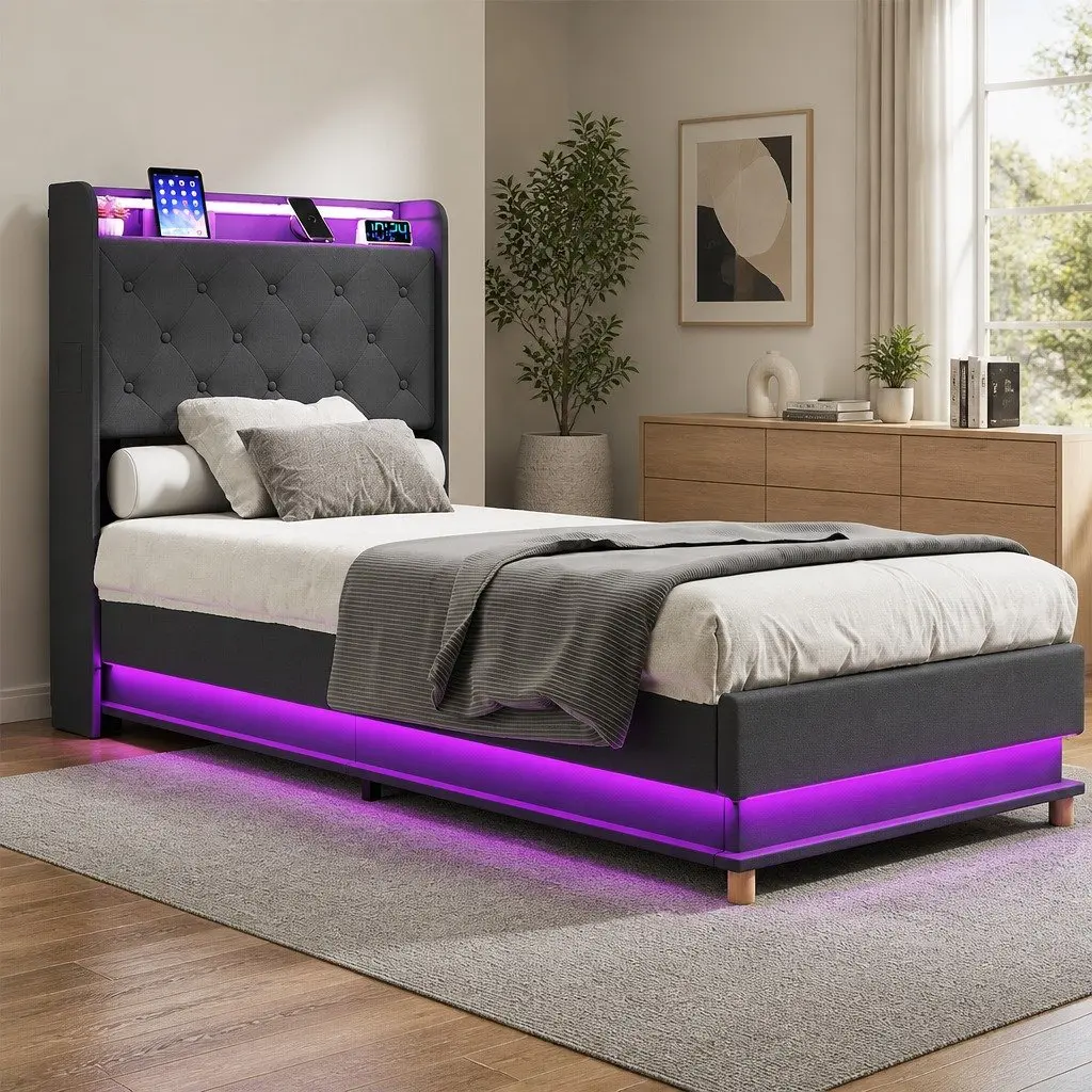 Single Bed Frame Gas Lift Storage Headboard RGB LED USB Charging Linen Grey