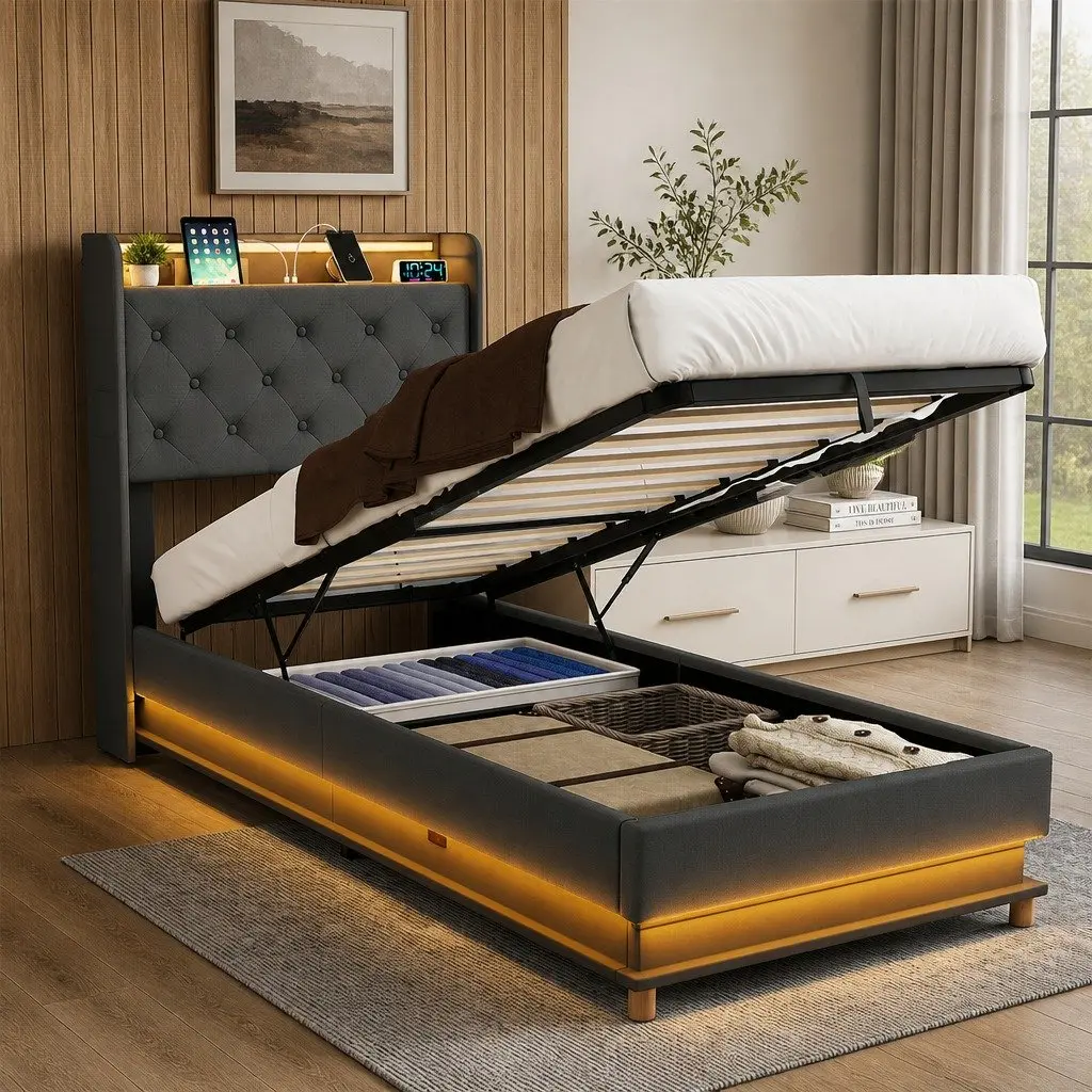 Single Bed Frame Gas Lift Storage Headboard RGB LED USB Charging Linen Grey