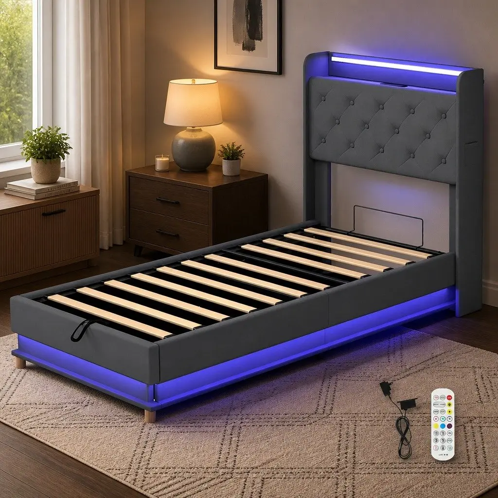 Single Bed Frame Gas Lift Storage Headboard RGB LED USB Charging Linen Grey