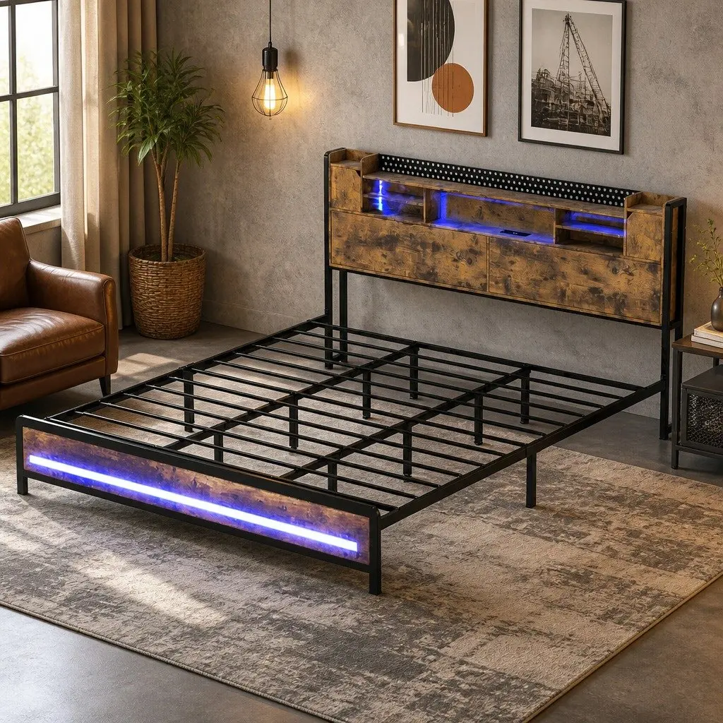 King Bed Frame with LED & Charging Options