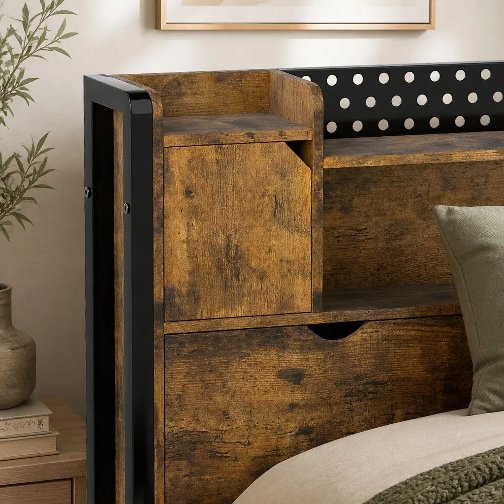 Single Bed Frame with Storage Headboard RGB LED Industrial Metal Bedroom
