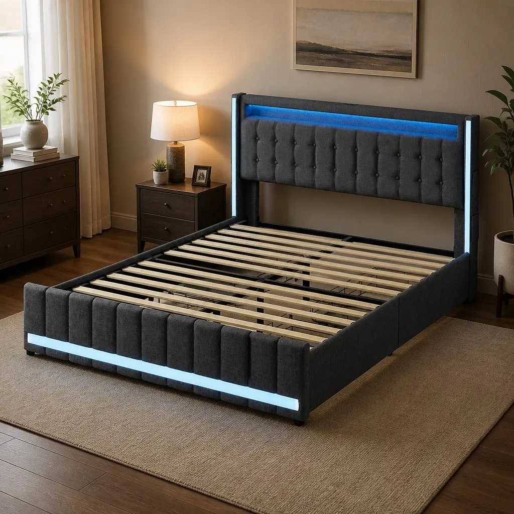 Double Bed Frame with Storage Drawers LED Lighting USB Ports Gray Linen 196cm L x 141cm W x 104cm H