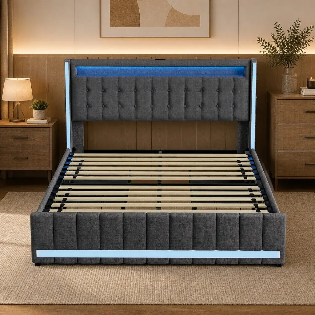 Double Bed Frame with Storage Drawers LED Lighting USB Ports Gray Linen 196cm L x 141cm W x 104cm H