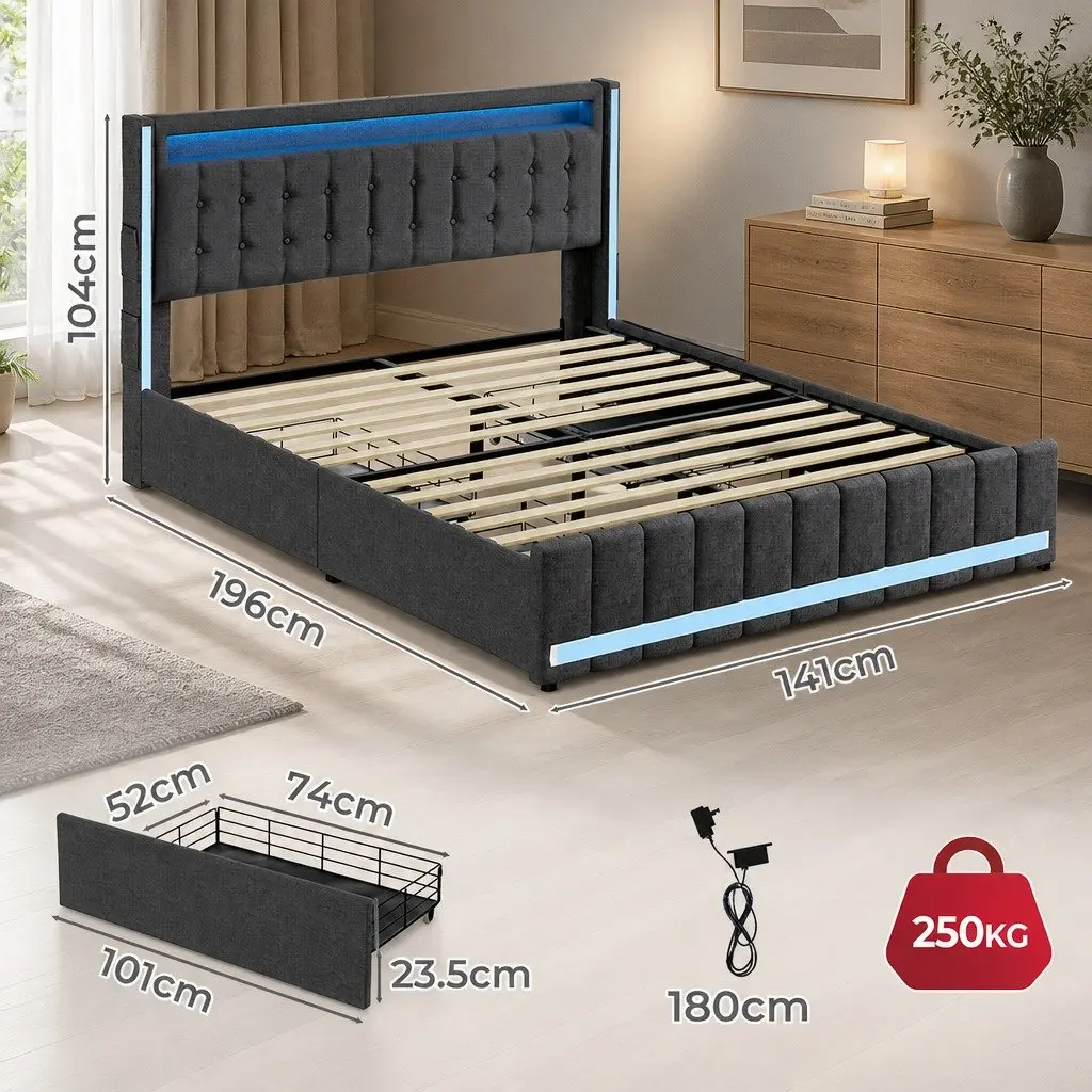 Double Bed Frame with Storage Drawers LED Lighting USB Ports Gray Linen 196cm L x 141cm W x 104cm H