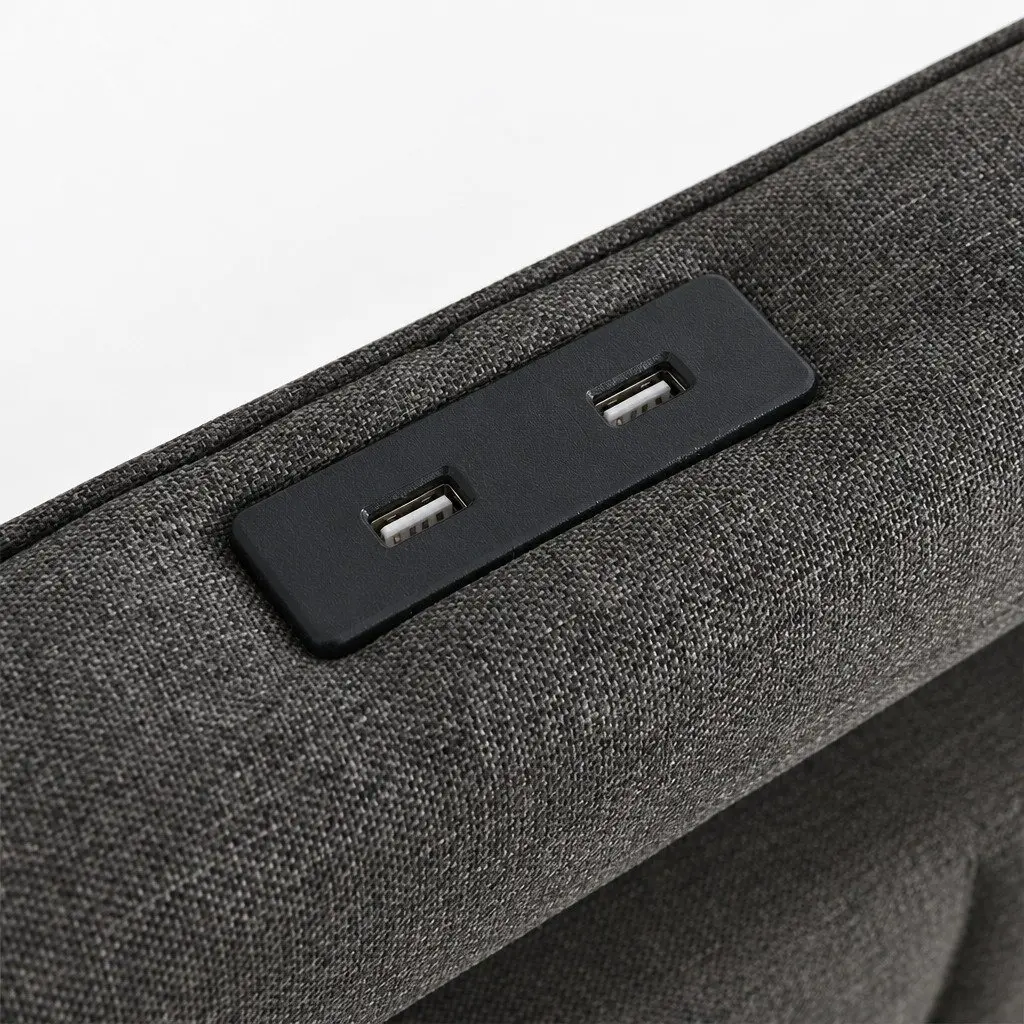 Double Bed Frame with Storage Drawers LED Lighting USB Ports Gray Linen 196cm L x 141cm W x 104cm H