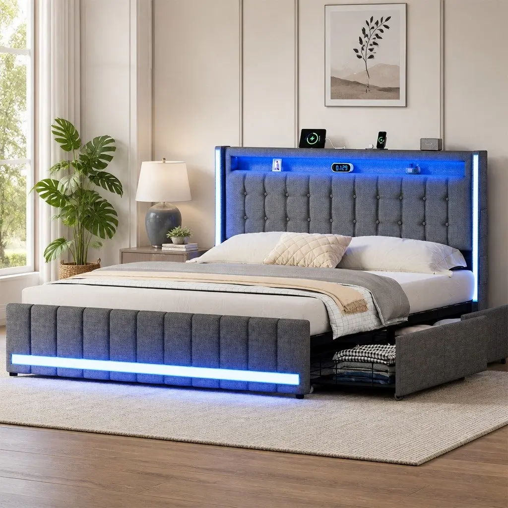 Double Bed Frame with Storage Drawers LED Lighting USB Ports Gray Linen 196cm L x 141cm W x 104cm H