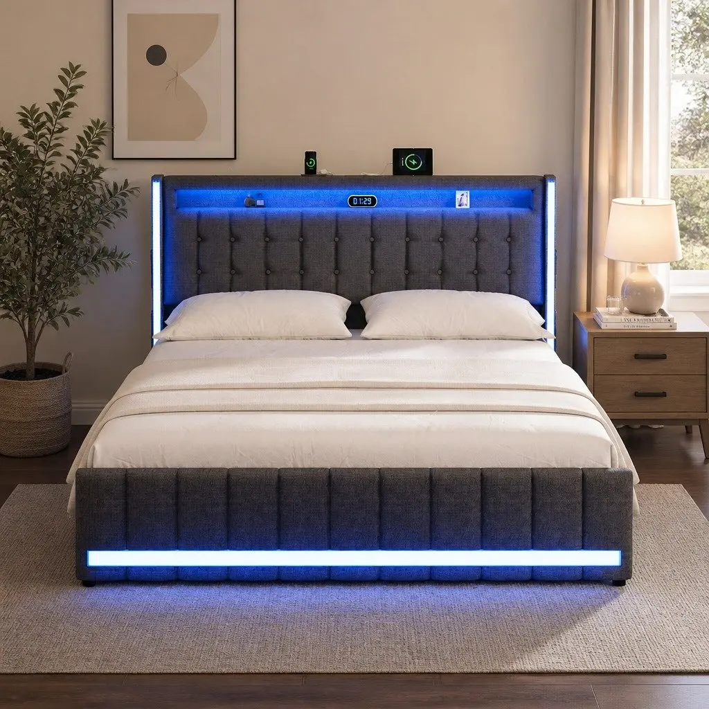 Double Bed Frame with Storage Drawers LED Lighting USB Ports Gray Linen 196cm L x 141cm W x 104cm H