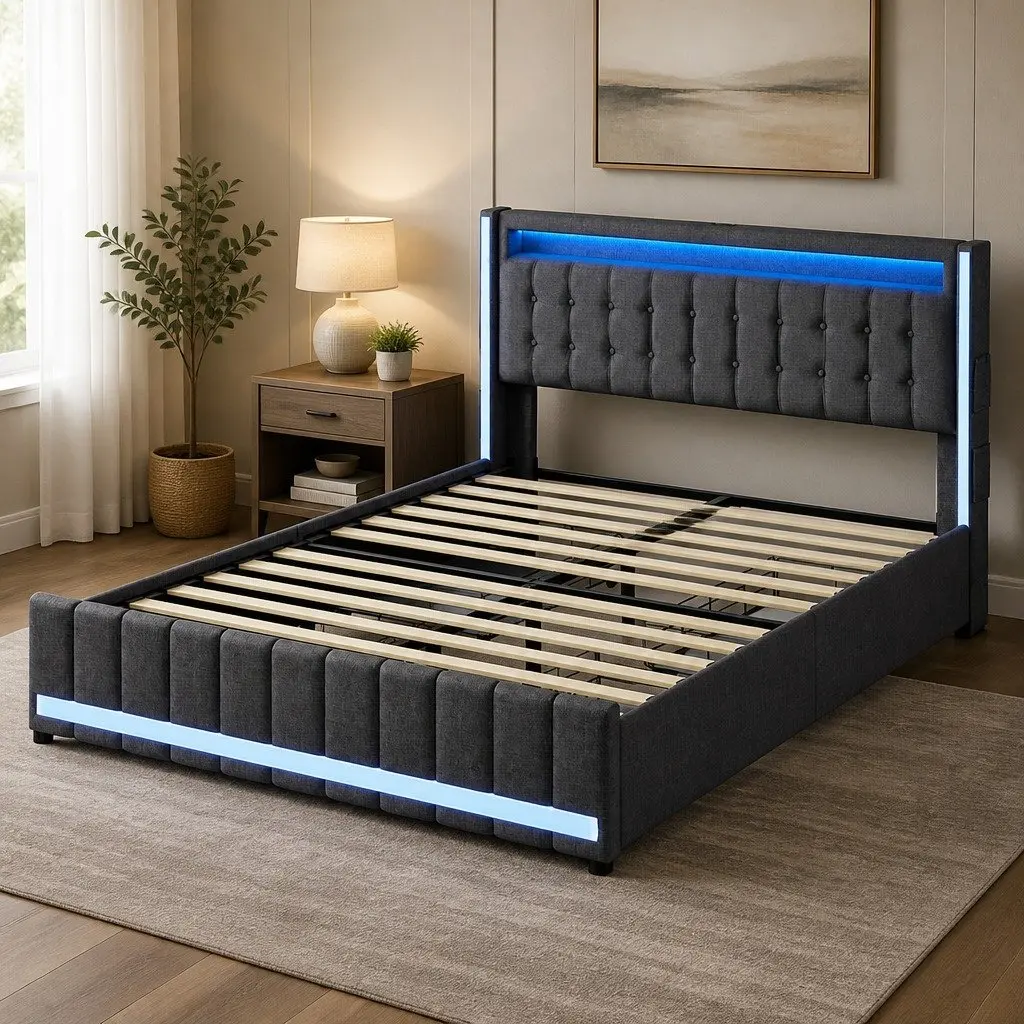 Double Bed Frame with Storage Drawers LED Lighting USB Ports Gray Linen 196cm L x 141cm W x 104cm H