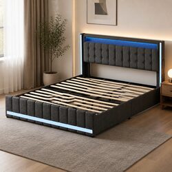 King Bed Frame Storage Drawers LED USB Charging Ports Headboard Linen Grey