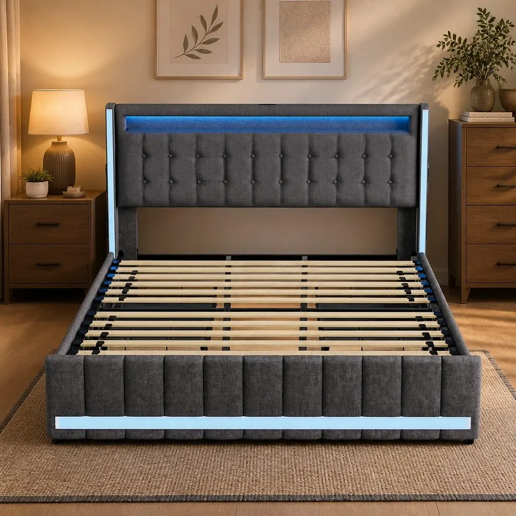 King Bed Frame with Storage Drawers LED USB Charging Ports Linen Grey