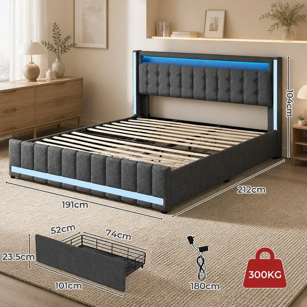 King Bed Frame with Storage Drawers LED USB Charging Ports Linen Grey