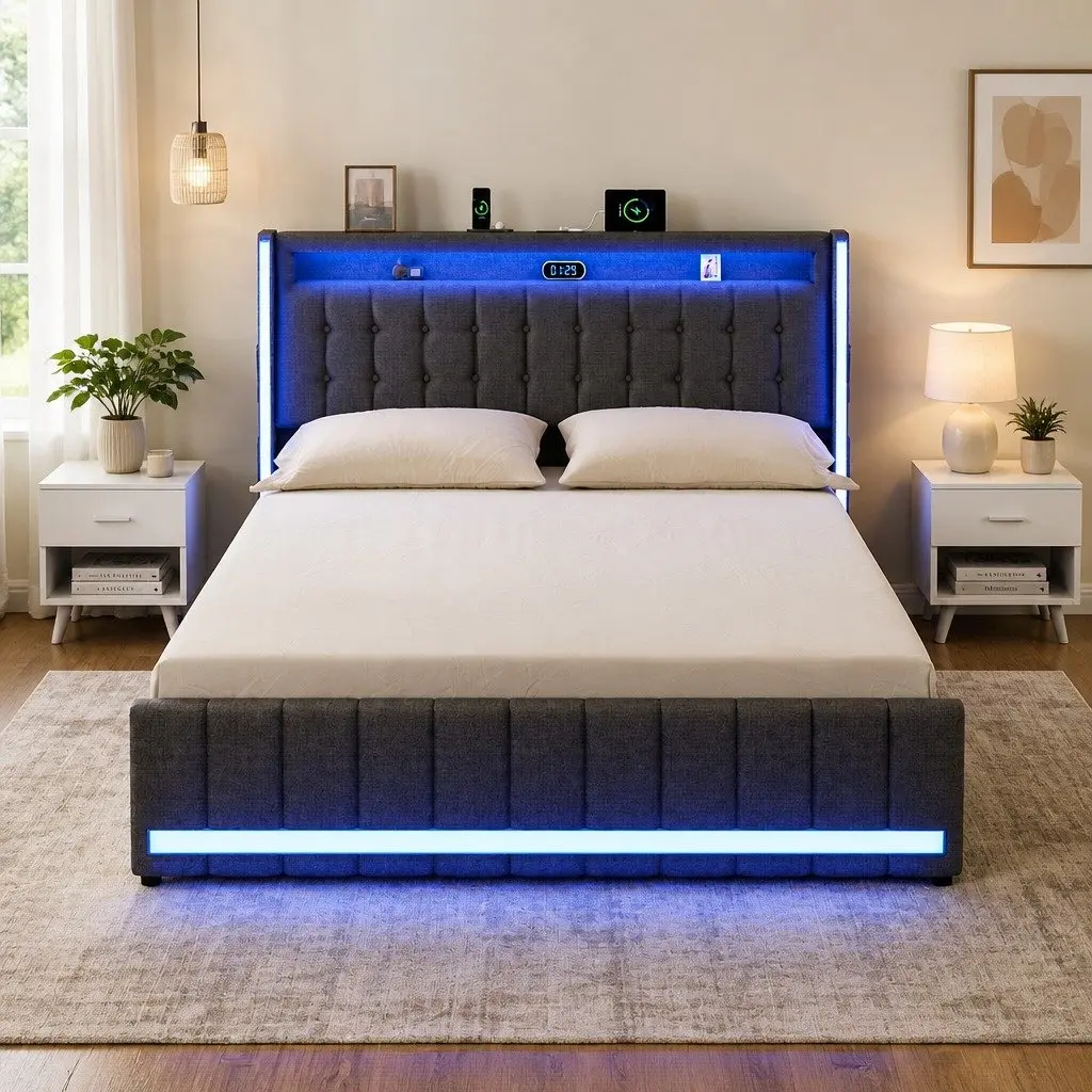 King Bed Frame with Storage Drawers LED USB Charging Ports Linen Grey