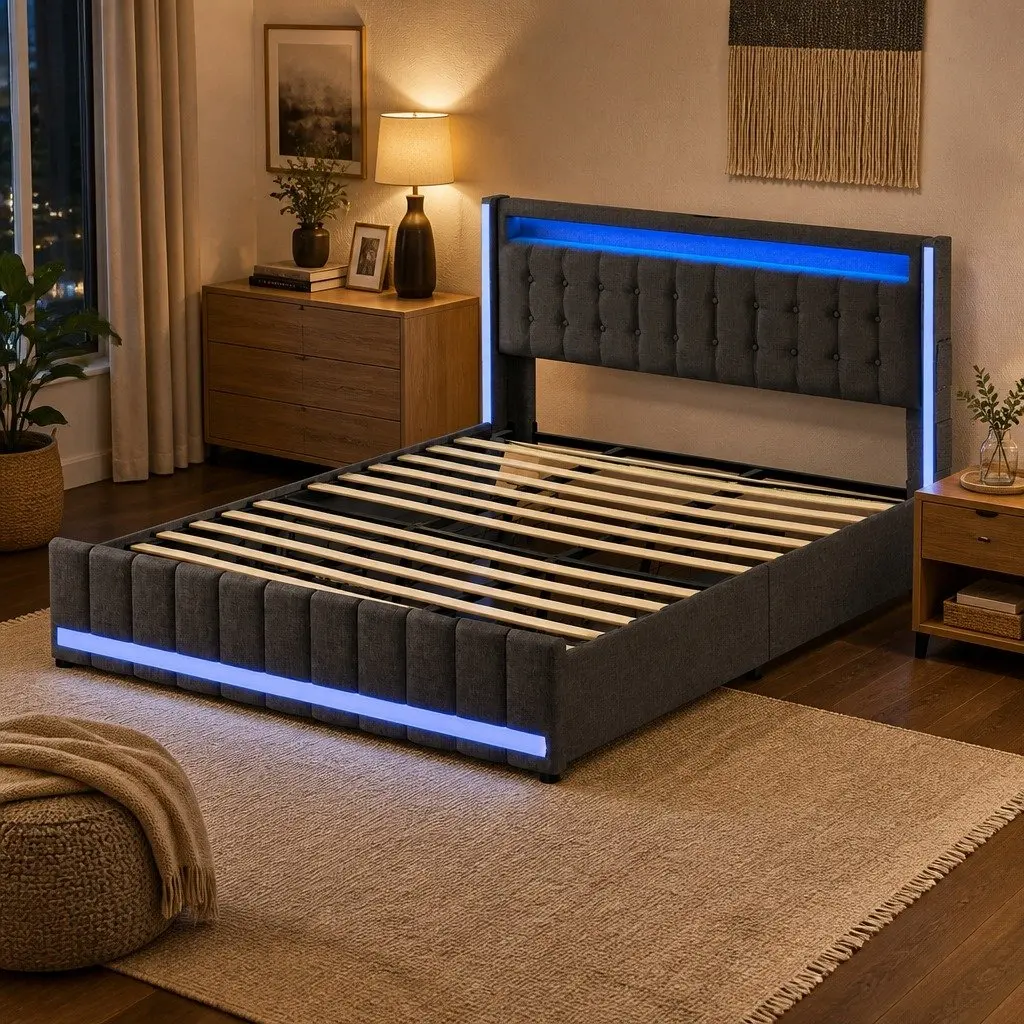 King Bed Frame with Storage Drawers LED USB Charging Ports Linen Grey