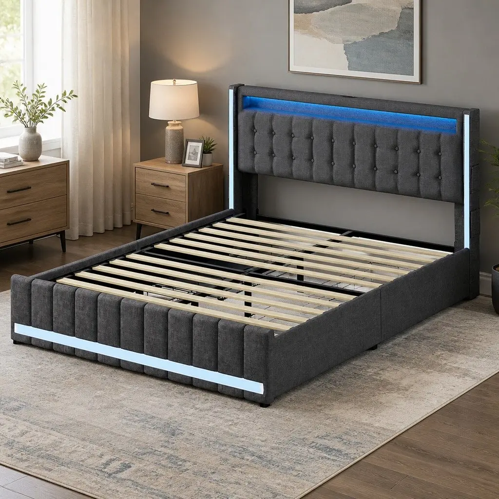 Gray Queen Bed Frame with Ergonomic High Backrest USB Power Outlets LED Headboard and Storage Drawers