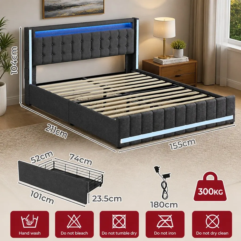Gray Queen Bed Frame with Ergonomic High Backrest USB Power Outlets LED Headboard and Storage Drawers