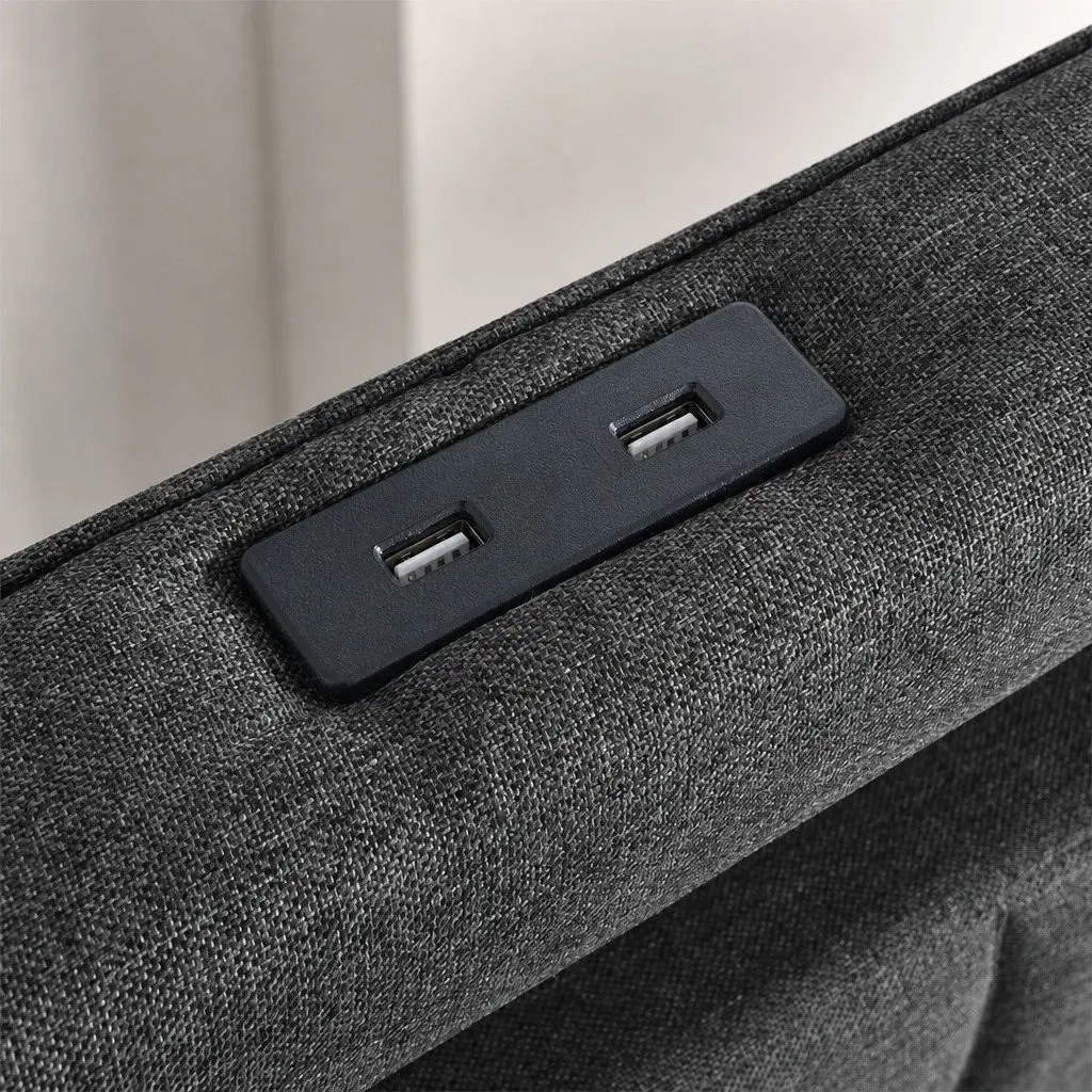 Gray Queen Bed Frame with Ergonomic High Backrest USB Power Outlets LED Headboard and Storage Drawers
