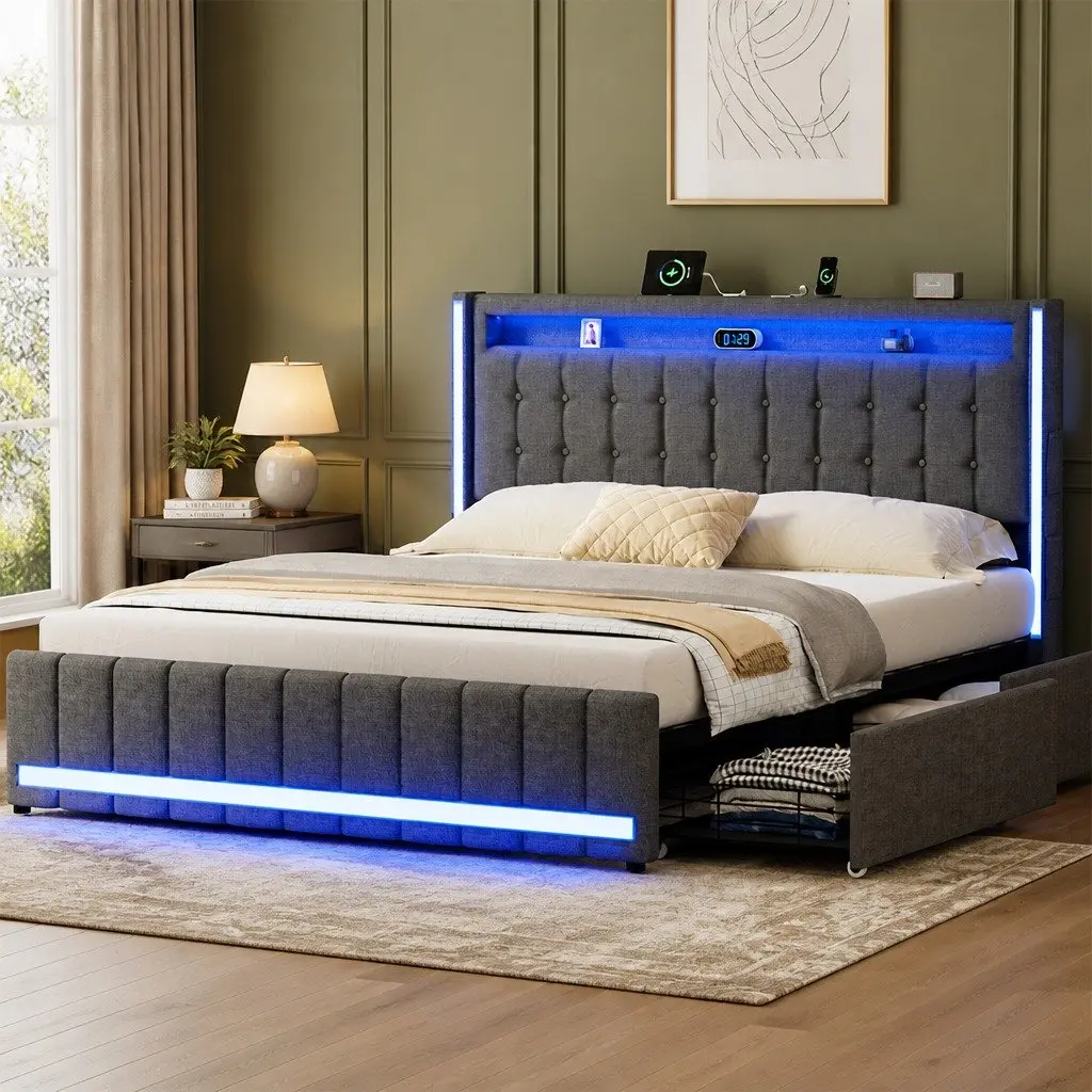Gray Queen Bed Frame with Ergonomic High Backrest USB Power Outlets LED Headboard and Storage Drawers