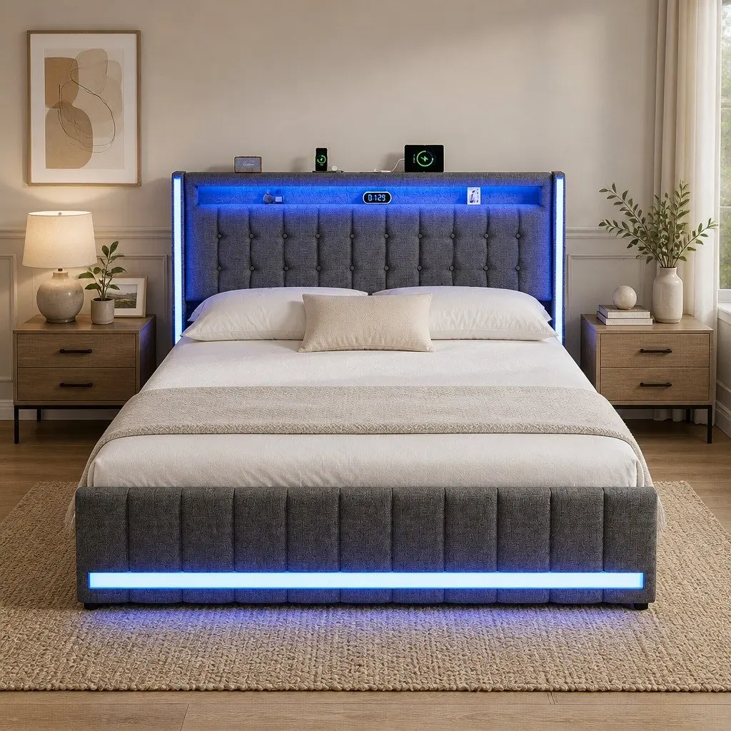 Gray Queen Bed Frame with Ergonomic High Backrest USB Power Outlets LED Headboard and Storage Drawers