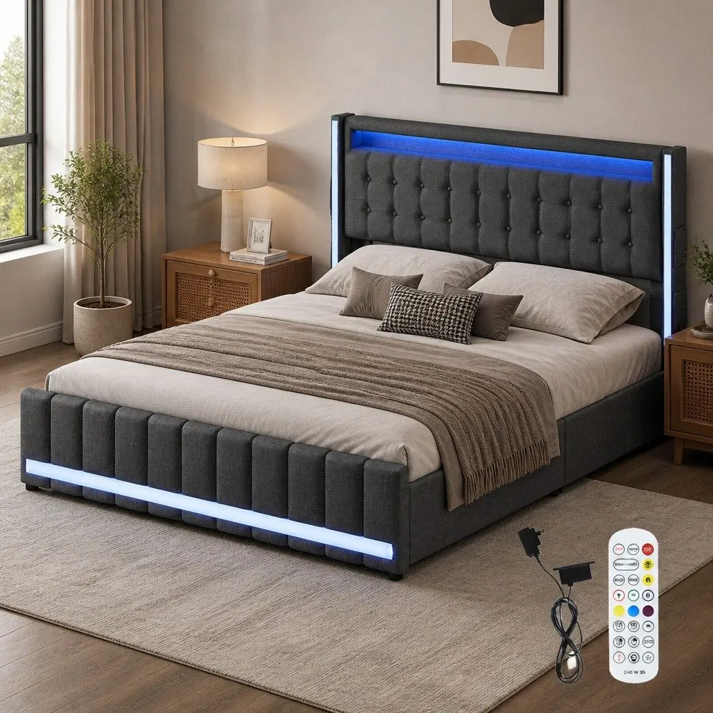 Gray Queen Bed Frame with Ergonomic High Backrest USB Power Outlets LED Headboard and Storage Drawers