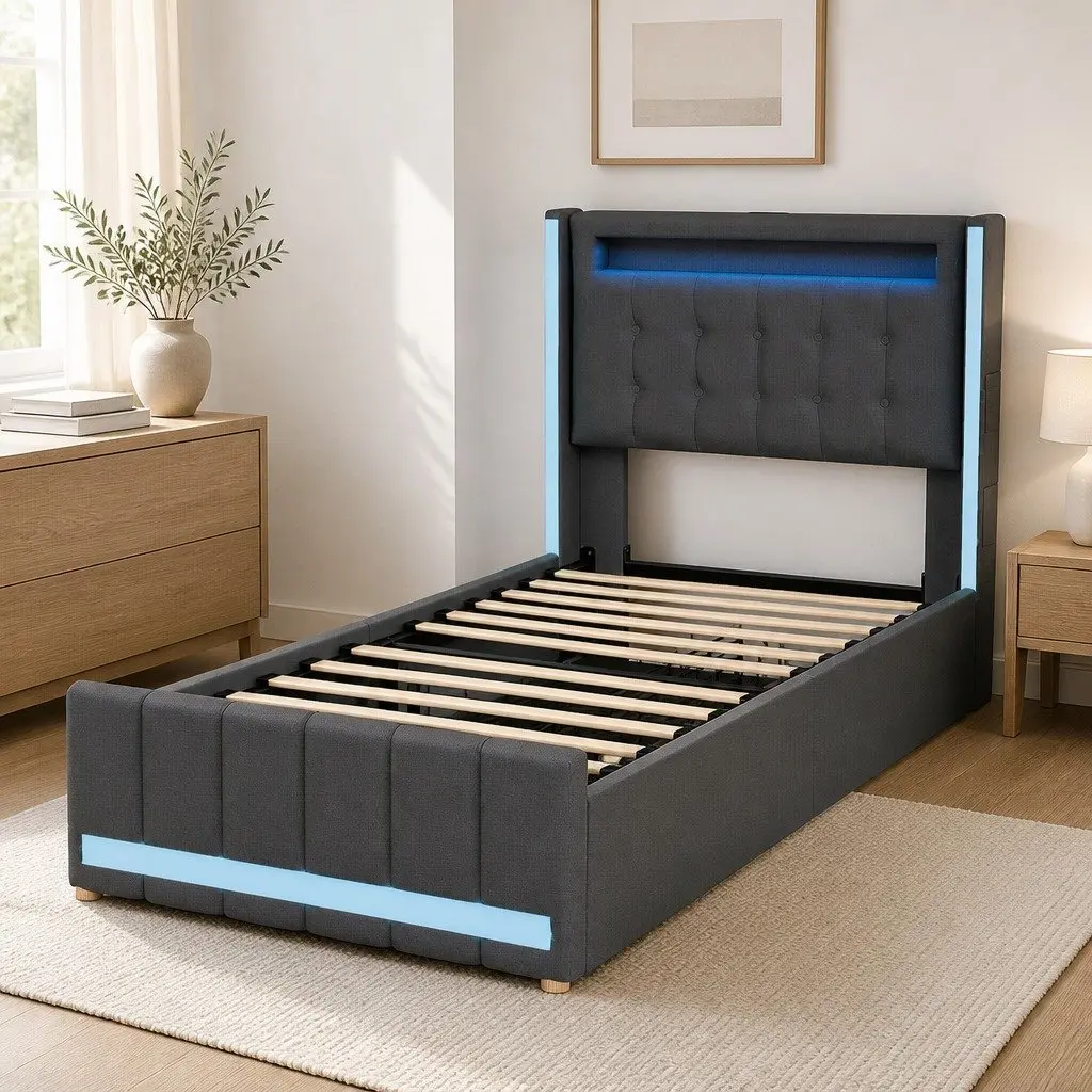 Single Bed Frame with Storage Drawers RGB LED USB Charging Headboard Linen Grey