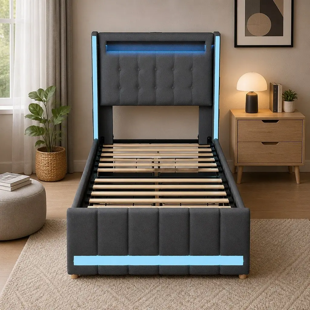 Single Bed Frame with Storage Drawers RGB LED USB Charging Headboard Linen Grey