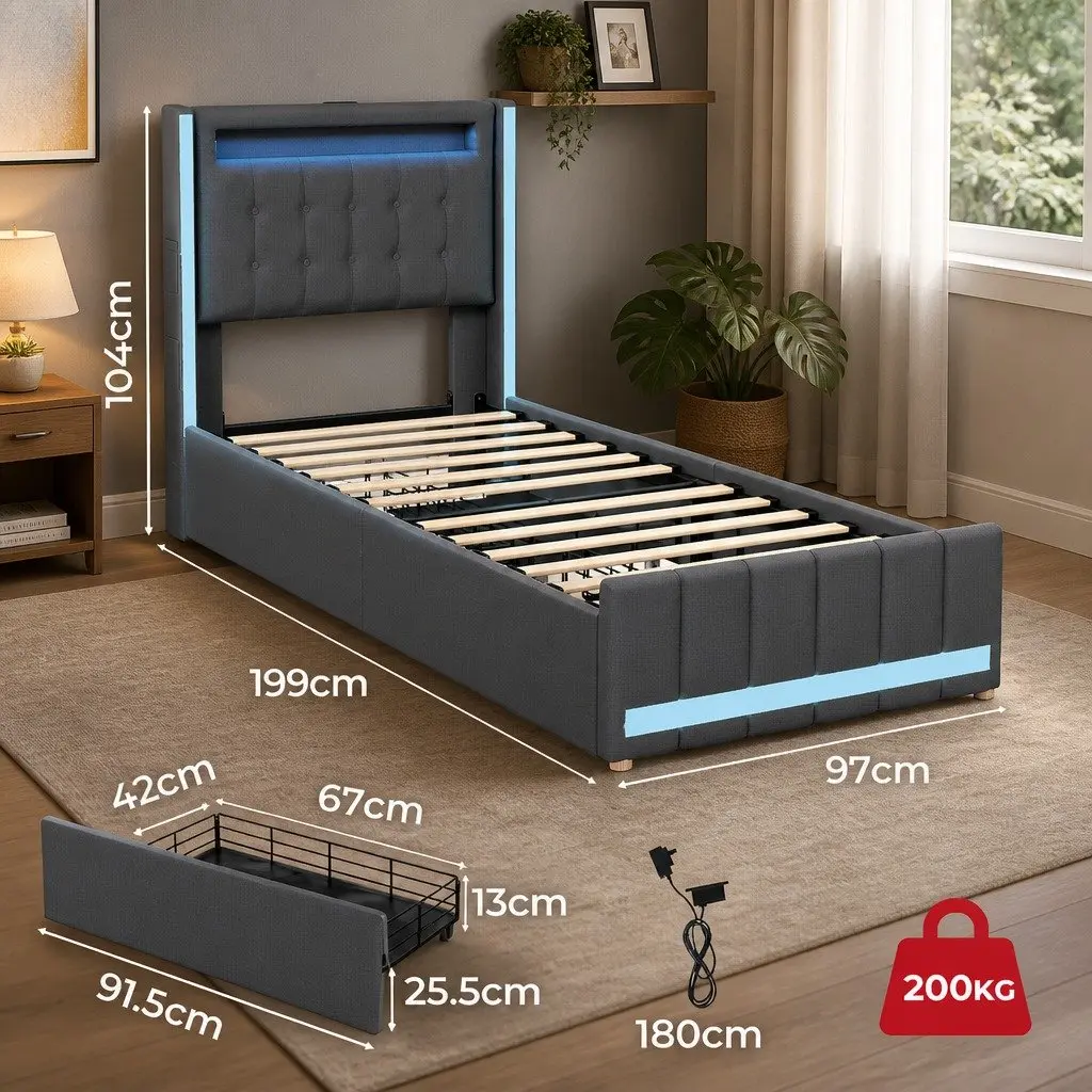 Single Bed Frame with Storage Drawers RGB LED USB Charging Headboard Linen Grey