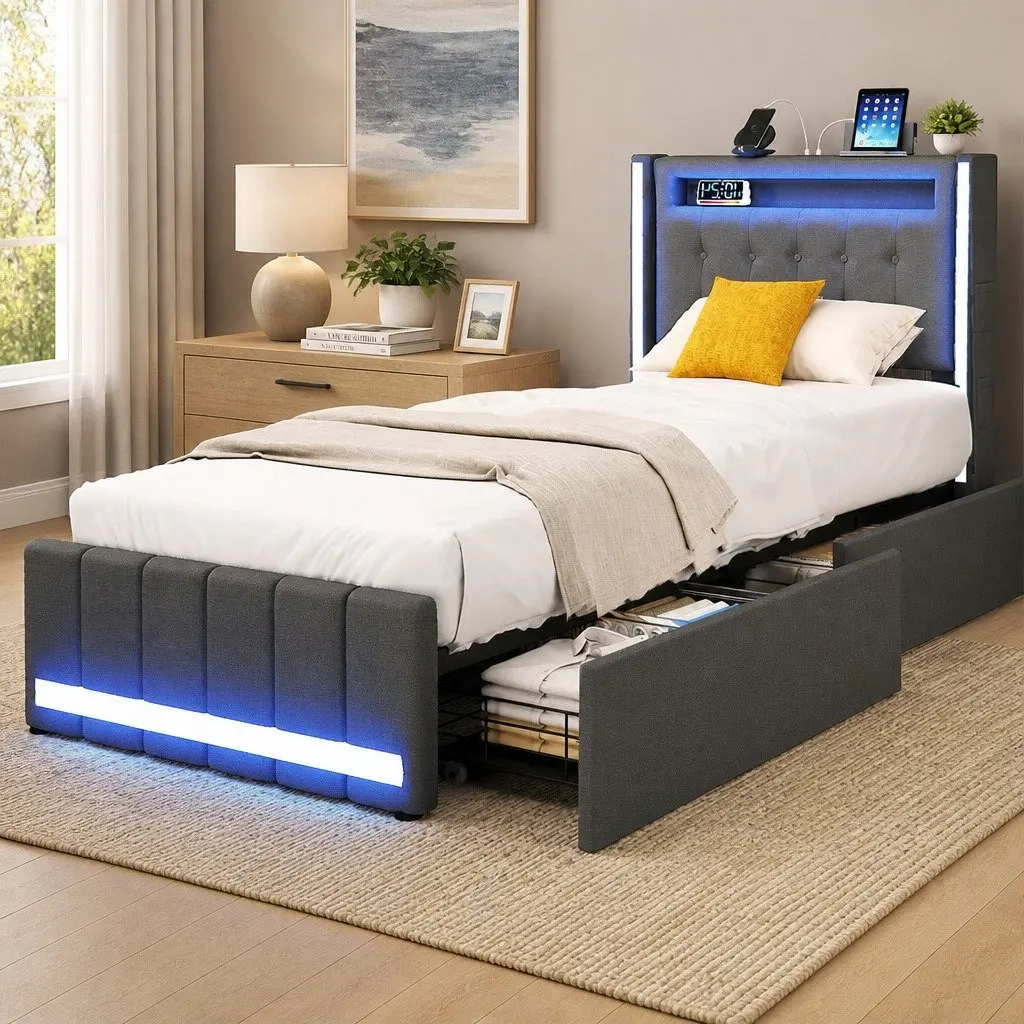 Single Bed Frame with Storage Drawers RGB LED USB Charging Headboard Linen Grey